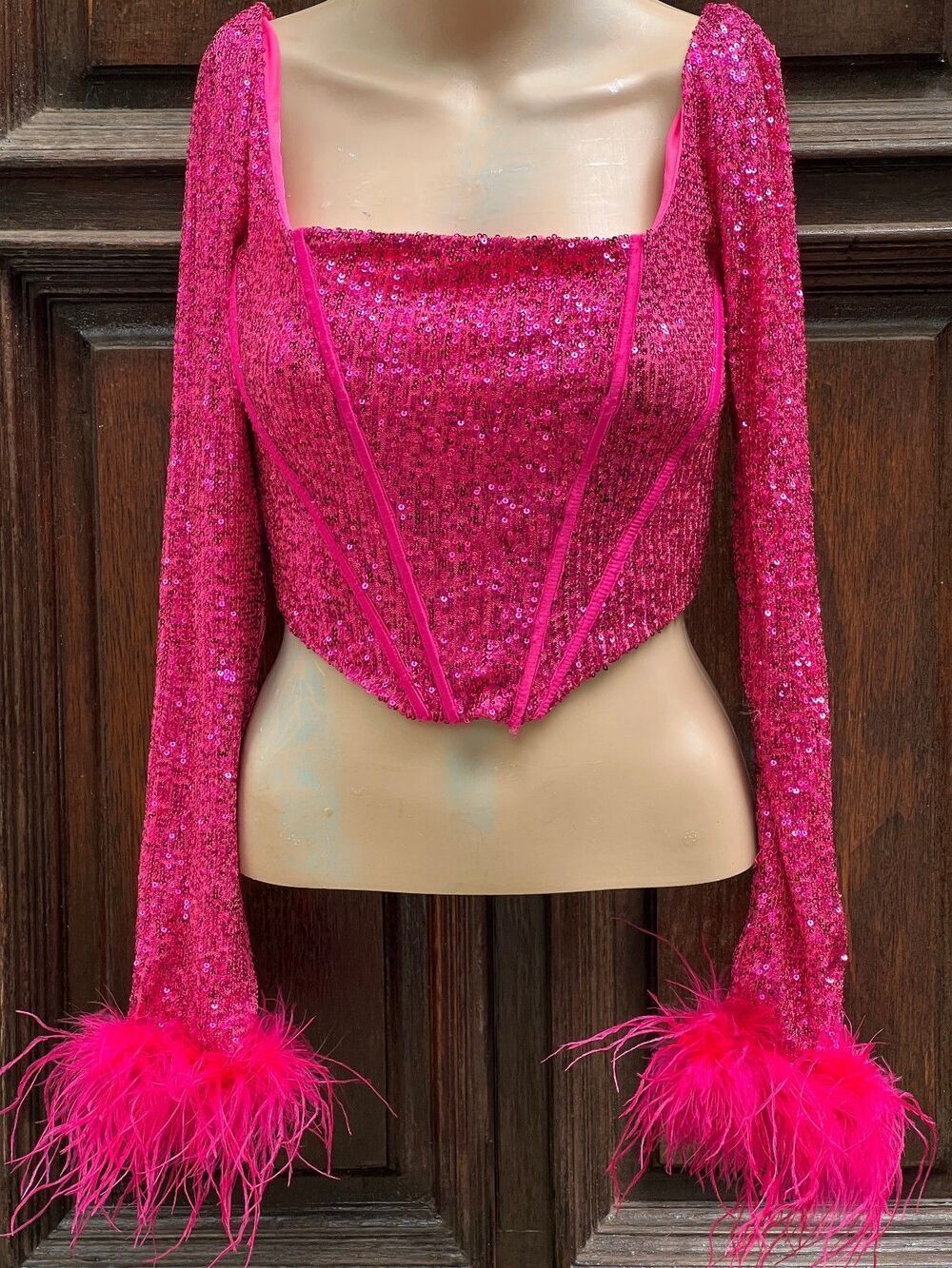 Barbie Pink Sequin Top Feather Cuffs Corset Boning Fashion Nova Size XS
